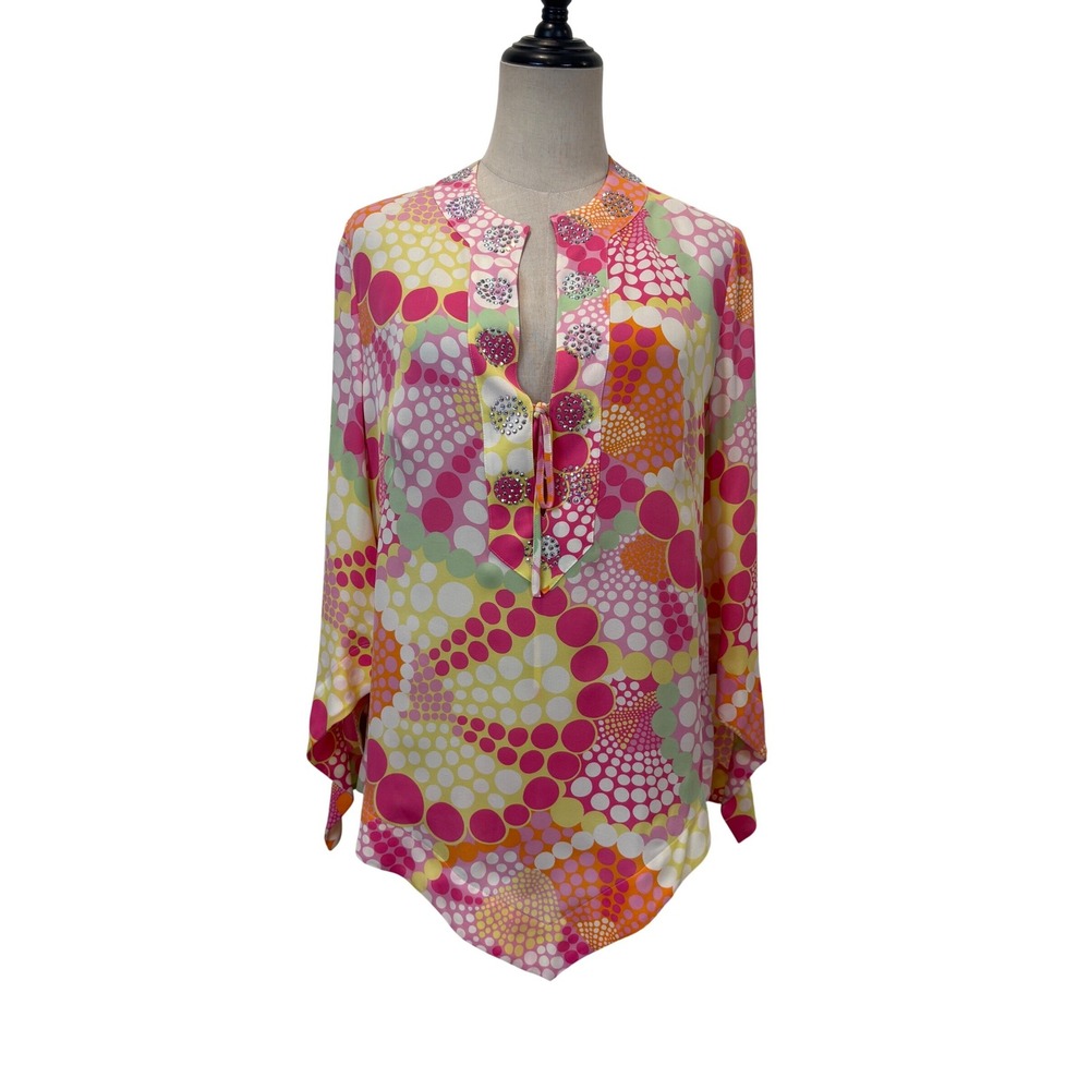 Escada Silk Tunic Top Womens Medium Pink Polka Dot Rhinestone Blouse preppy